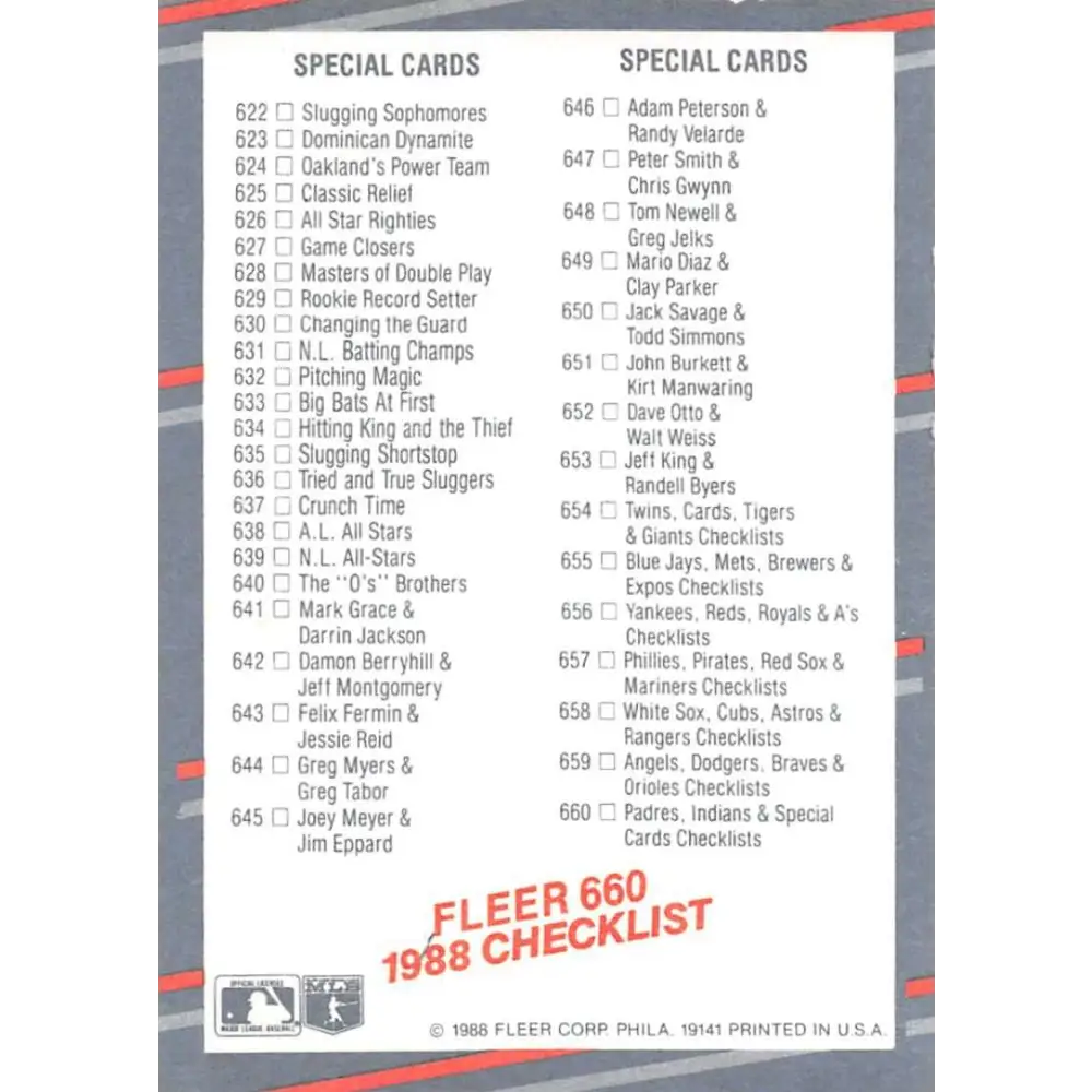 1988 Fleer #660 Specials EX Excellent San Diego Padres/Cleveland Indians/Rookies & Specials Baseball Card Image 2