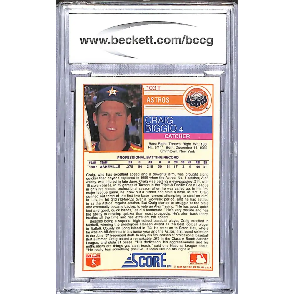 1988 Score Rookie/Traded #103T Craig Biggio BCCG 10 Mint or Better RC Rookie Houston Astros Image 2