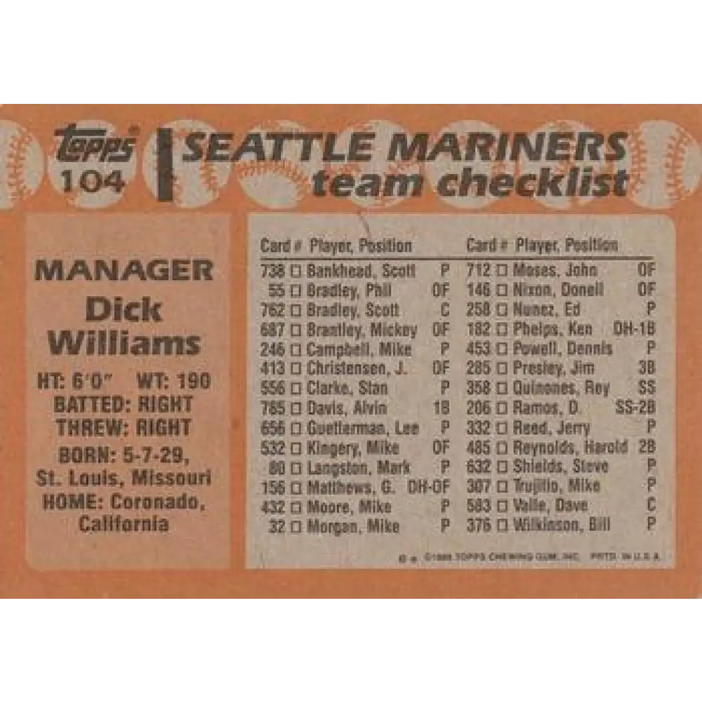 1988 Topps #104 Dick Williams NM-MT Seattle Mariners Baseball Card Image 2