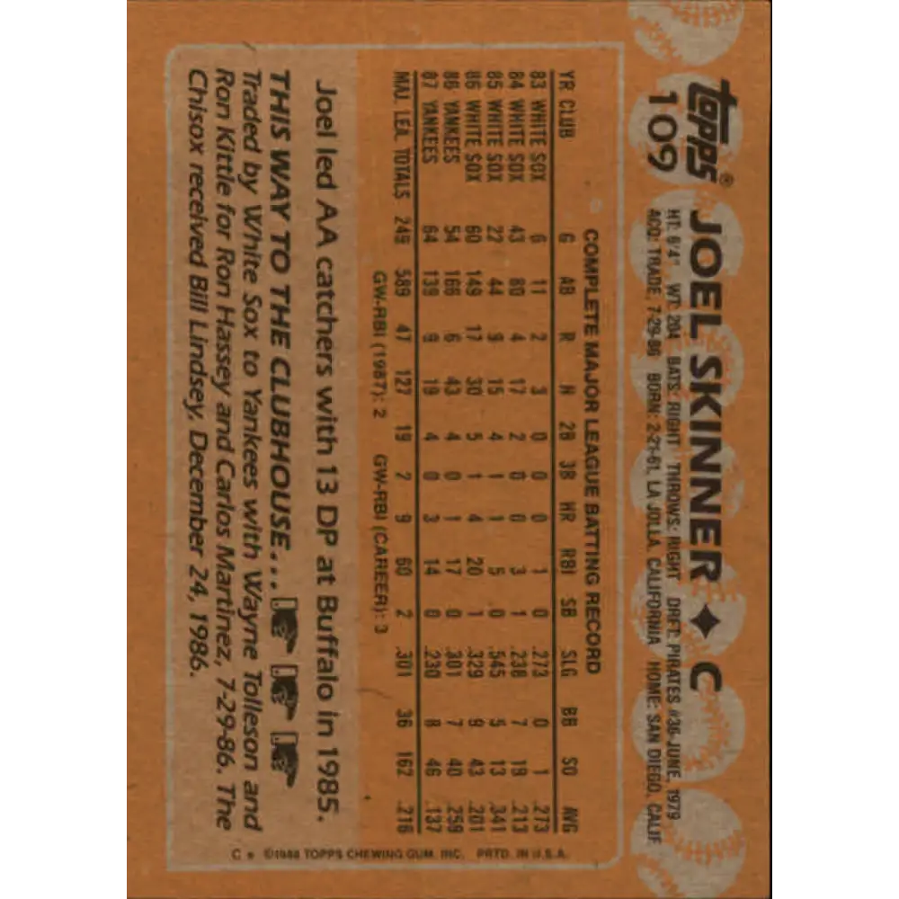1988 Topps #109 Joel Skinner NM-MT New York Yankees Baseball Card Image 2