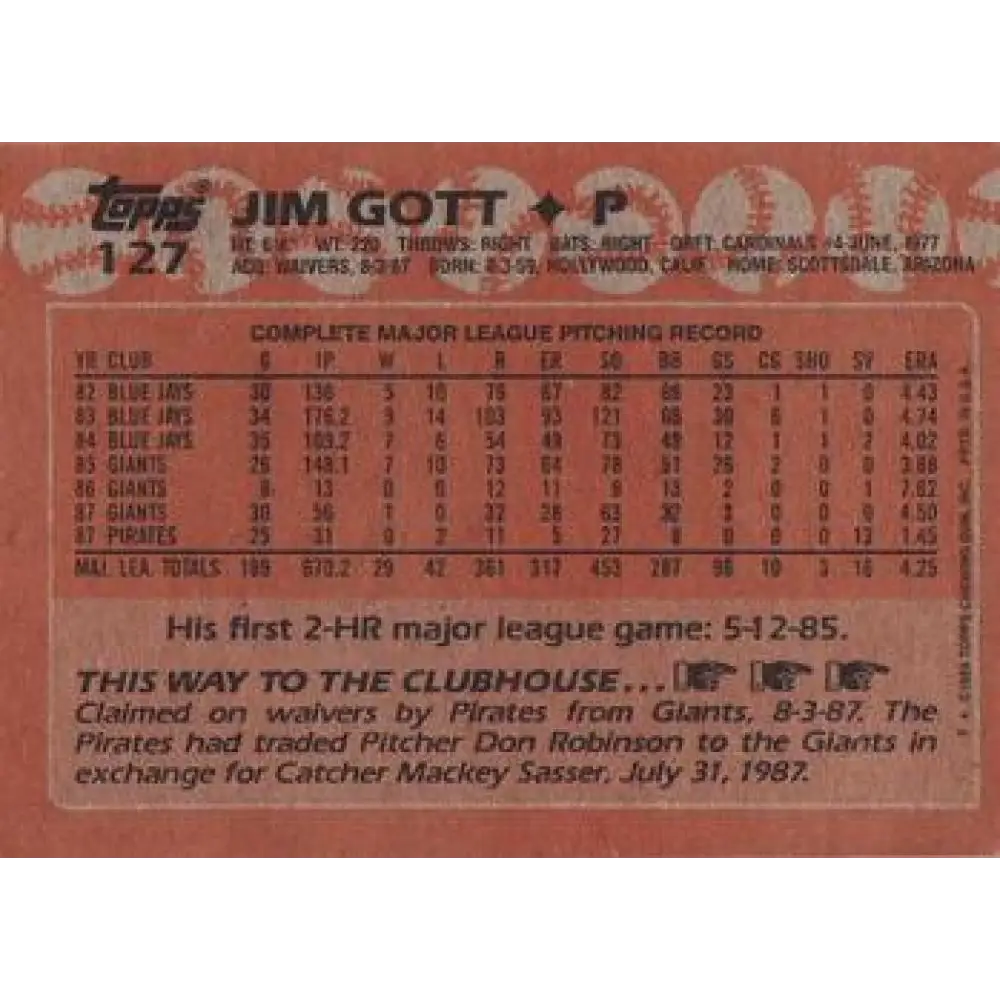 1988 Topps #127 Jim Gott NM-MT Pittsburgh Pirates Baseball Card Image 2