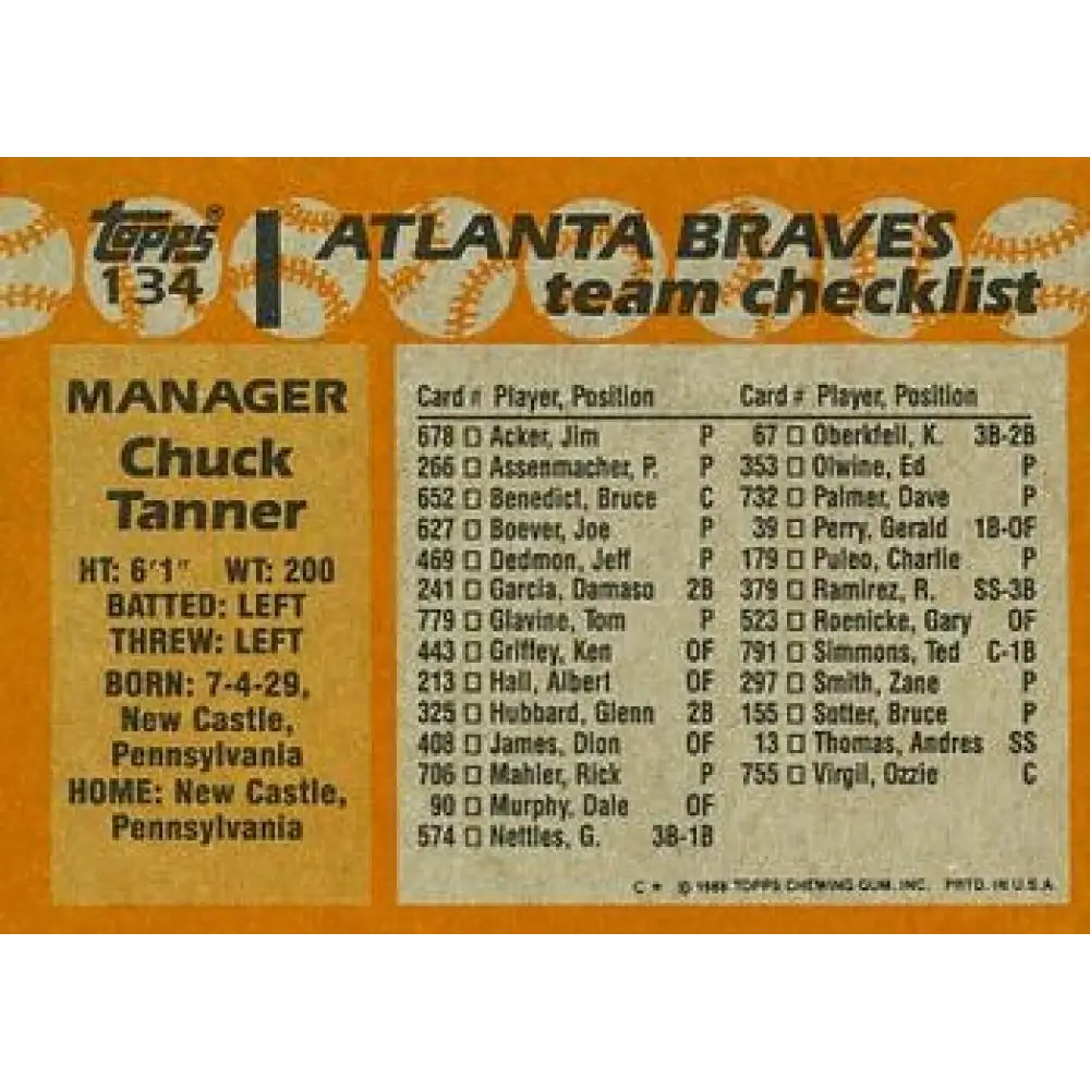 1988 Topps #134 Chuck Tanner NM-MT Atlanta Braves Baseball Card Image 2