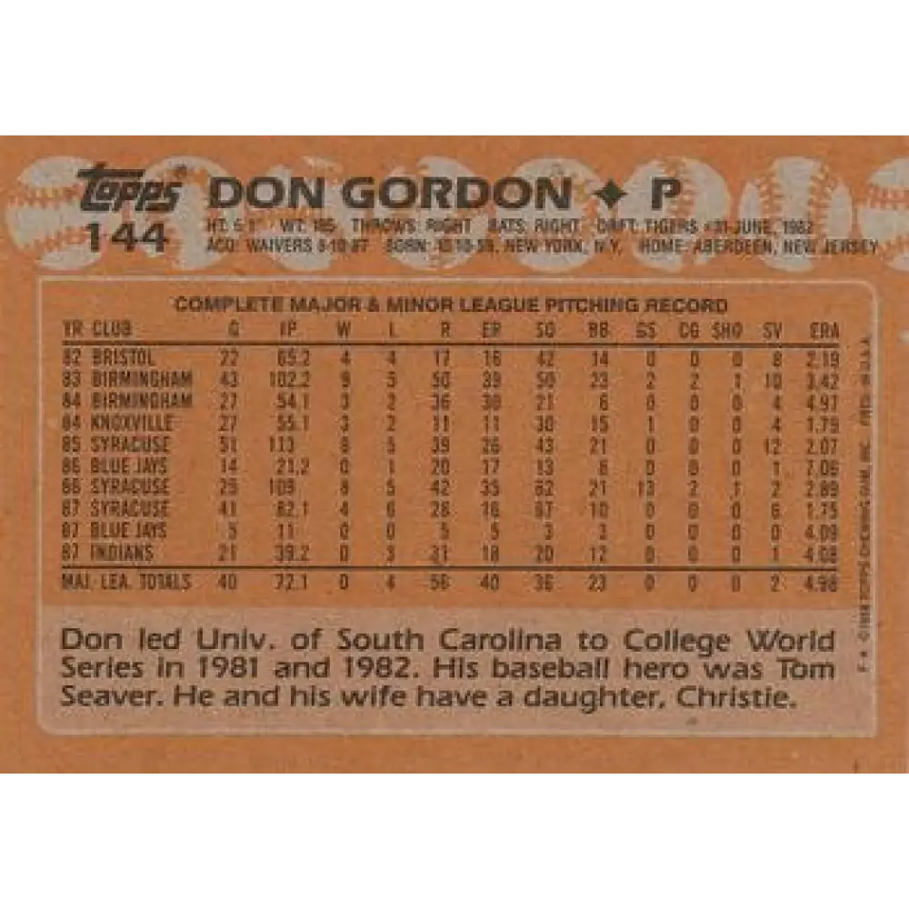 1988 Topps #144 Don Gordon NM-MT RC Rookie Cleveland Indians Baseball Card Image 2