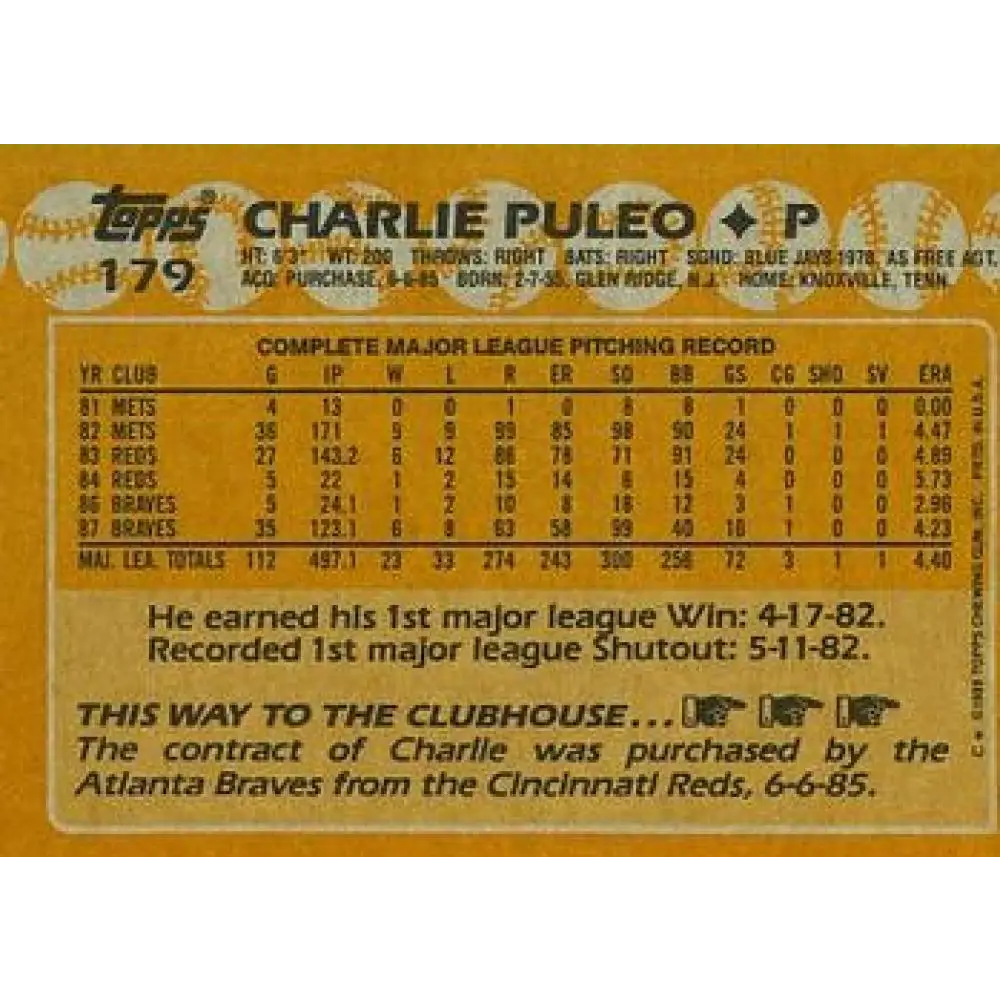 1988 Topps #179 Charlie Puleo NM-MT Atlanta Braves Baseball Card Image 2