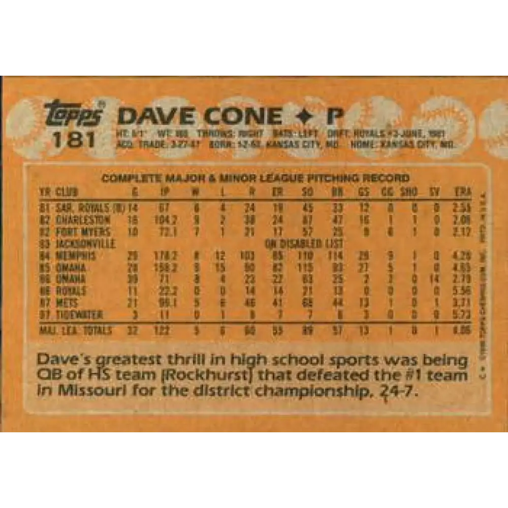 1988 Topps #181 David Cone NM-MT New York Mets Baseball Card Image 2