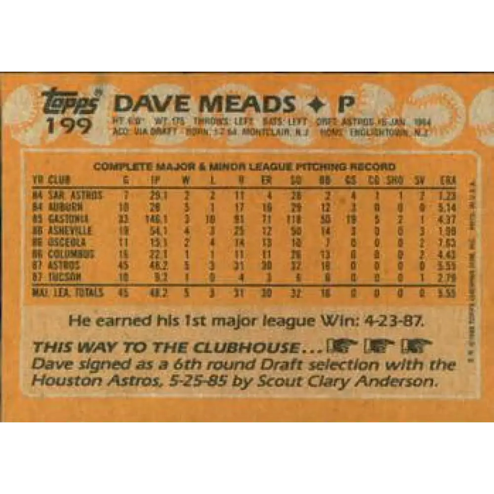 1988 Topps #199 Dave Meads NM-MT RC Rookie Houston Astros Baseball Card Image 2