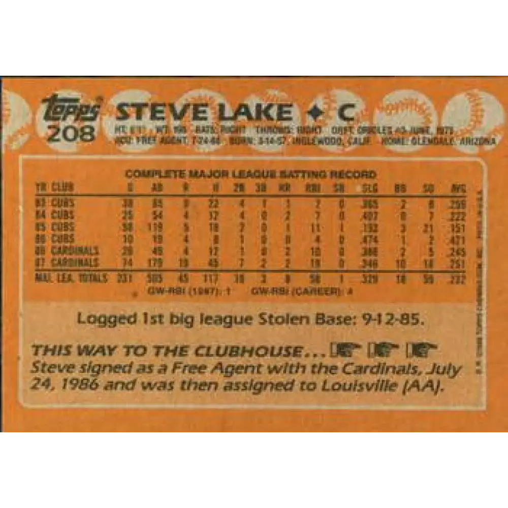 1988 Topps #208 Steve Lake NM-MT St. Louis Cardinals Baseball Card Image 2