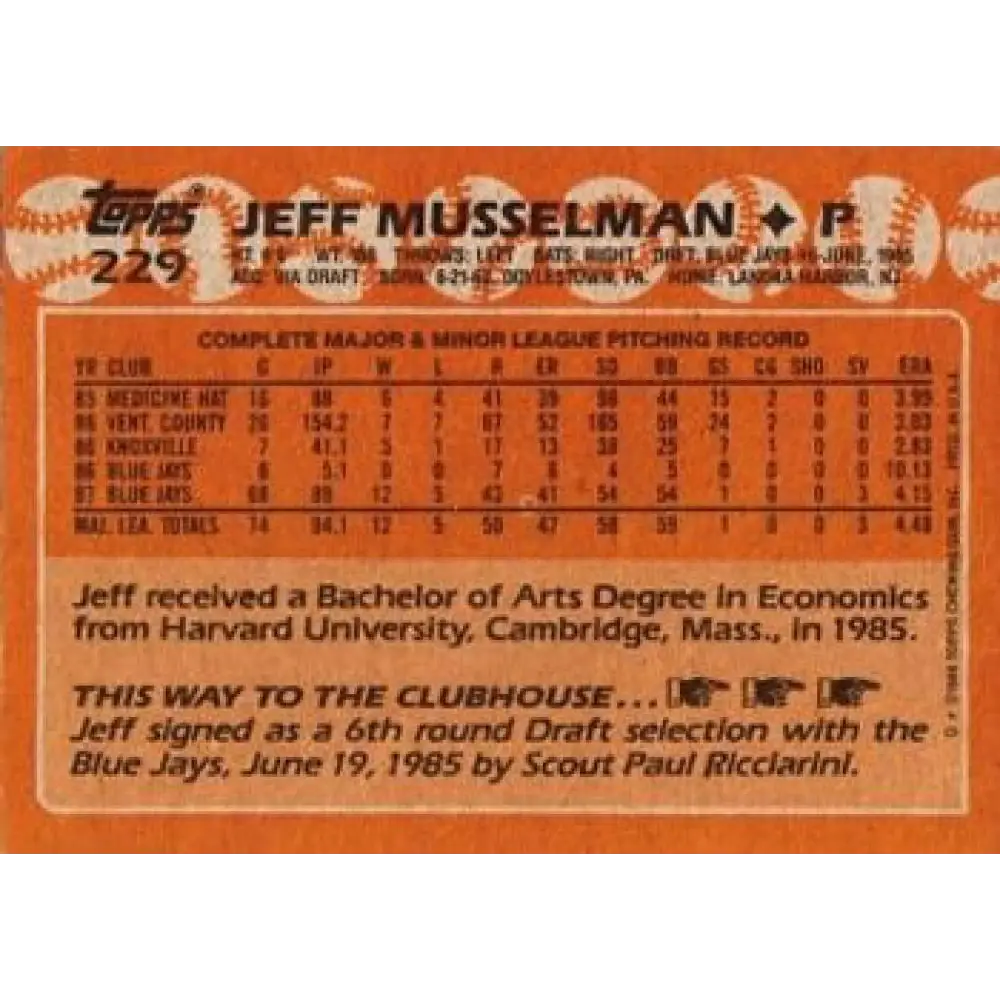 1988 Topps #229 Jeff Musselman NM-MT Toronto Blue Jays Baseball Card Image 2