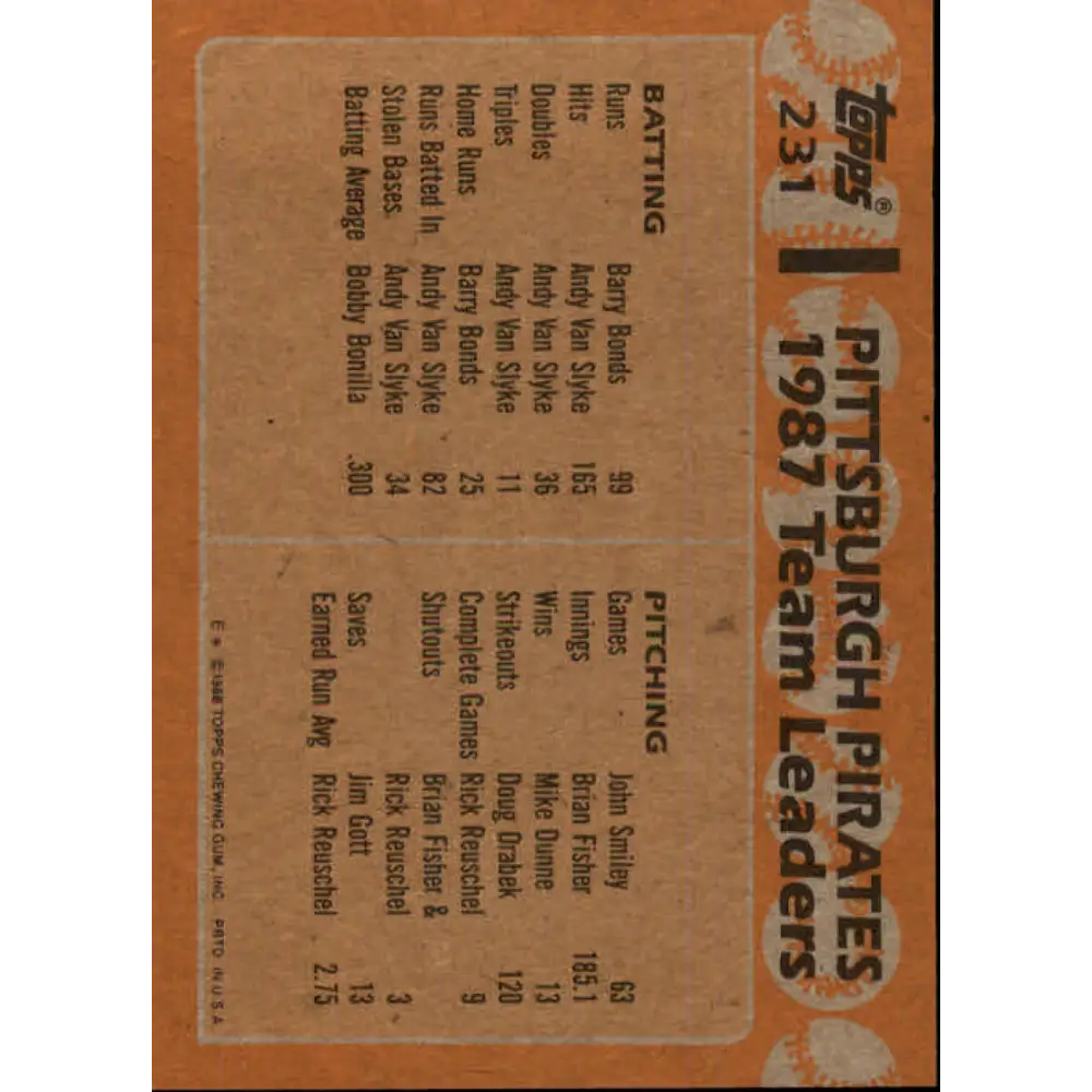 1988 Topps #231 Barry Bonds/Bobby Bonilla NM-MT Pittsburgh Pirates Baseball Card Image 2