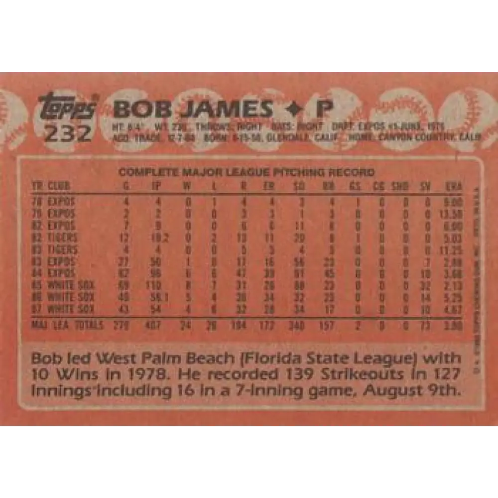 1988 Topps #232 Bob James NM-MT Chicago White Sox Baseball Card Image 2