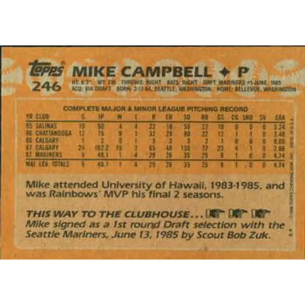 1988 Topps #246 Mike Campbell NM-MT RC Rookie Seattle Mariners Baseball Card Image 2