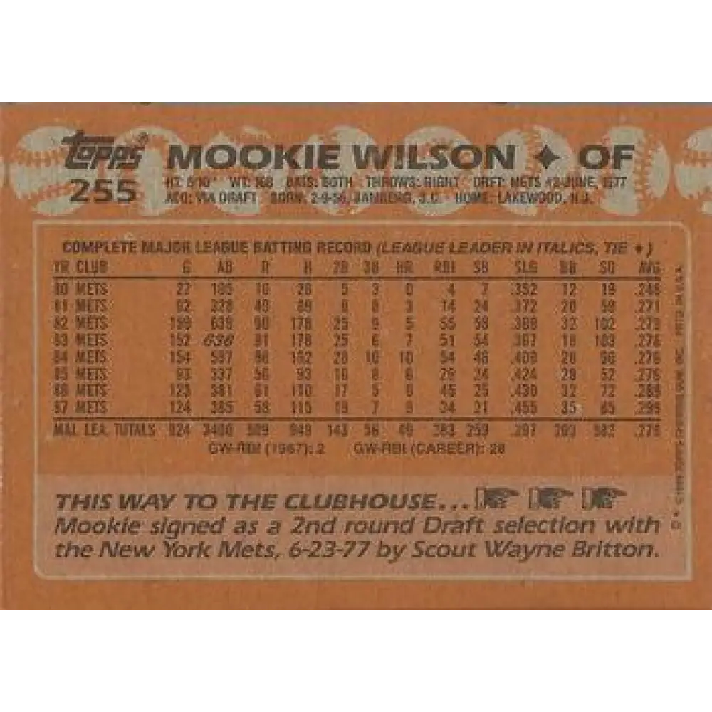 1988 Topps #255 Mookie Wilson NM-MT New York Mets Baseball Card Image 2