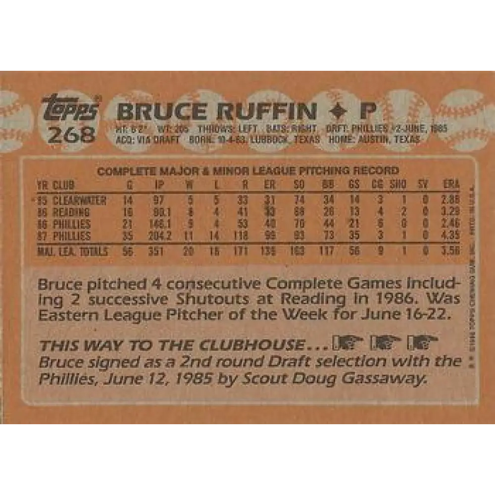 1988 Topps #268 Bruce Ruffin NM-MT Philadelphia Phillies Baseball Card Image 2