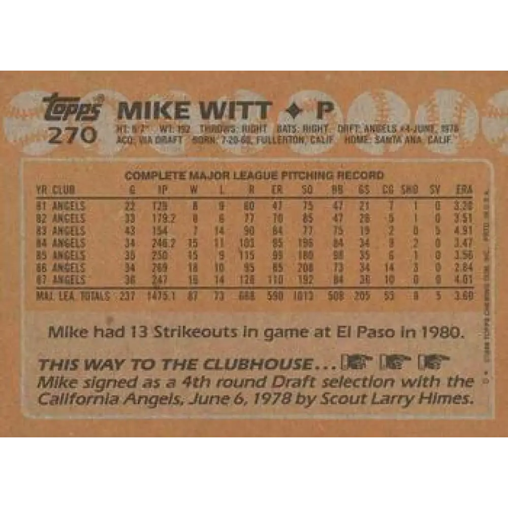 1988 Topps #270 Mike Witt NM-MT California Angels Baseball Card Image 2