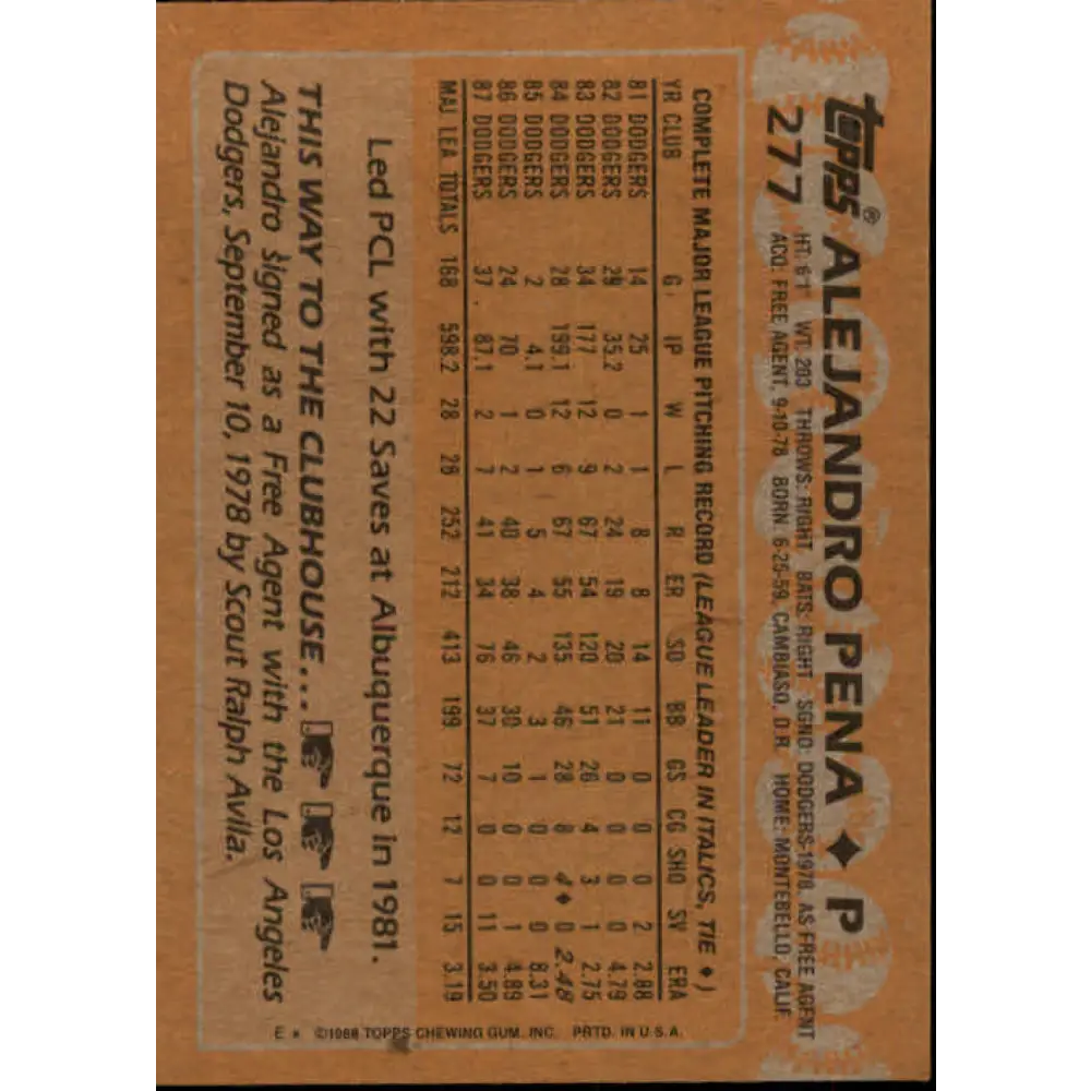 1988 Topps #277 Alejandro Pena NM-MT Los Angeles Dodgers Baseball Card Image 2