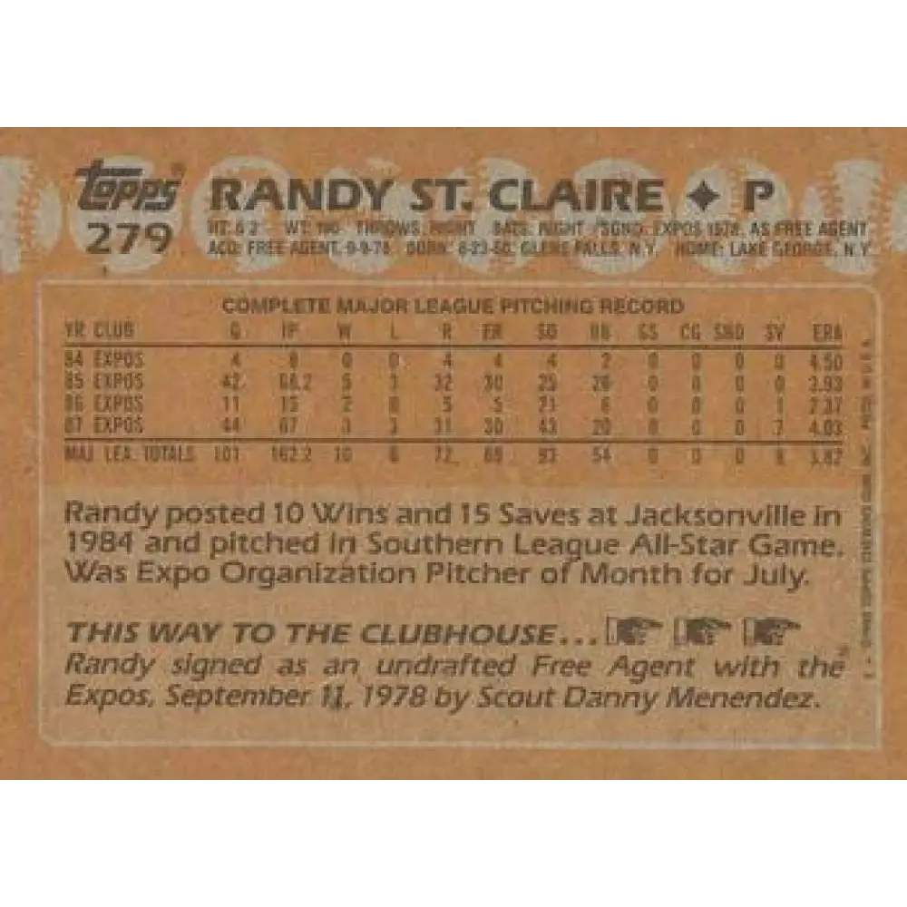 1988 Topps #279 Randy St. Claire NM-MT Montreal Expos Baseball Card Image 2