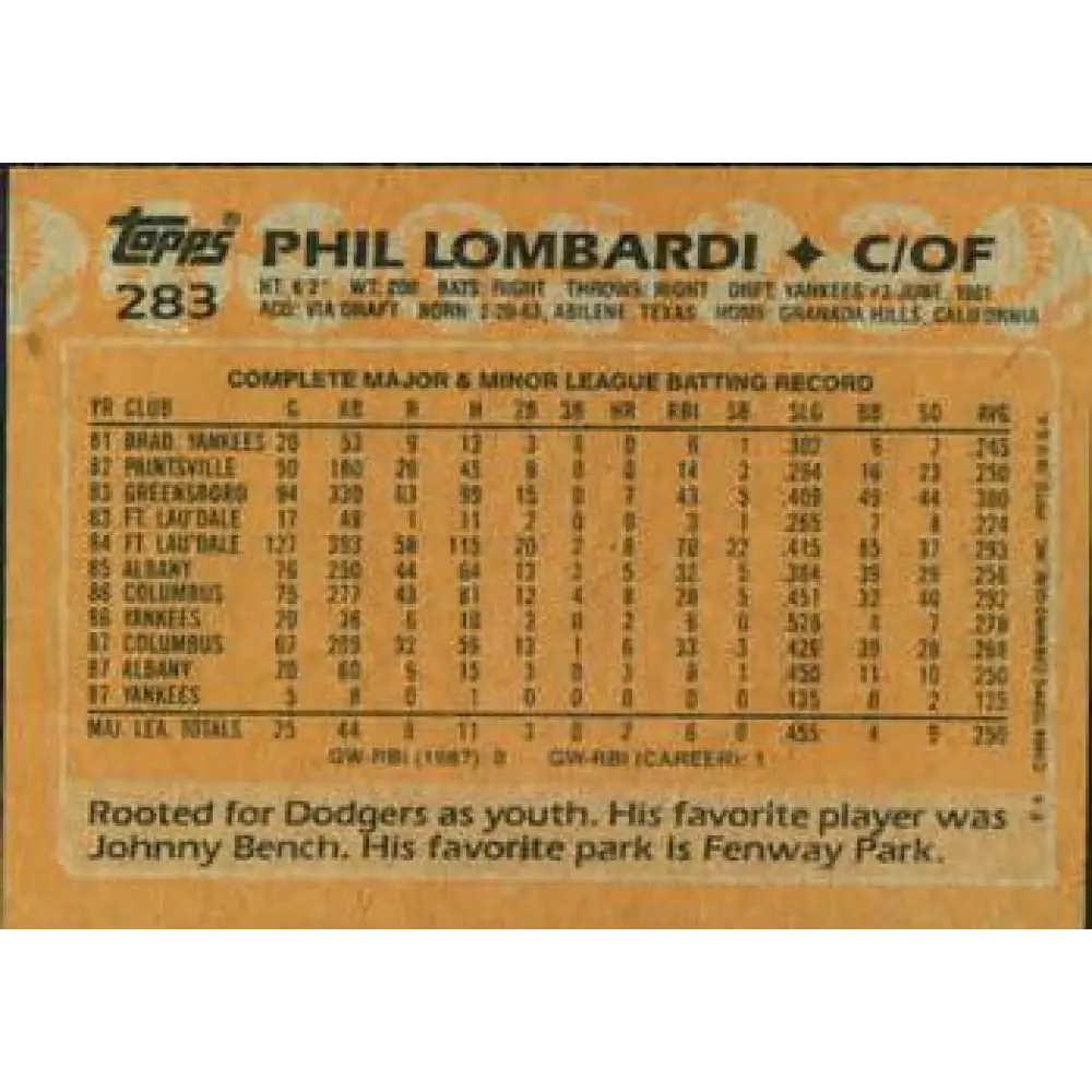 1988 Topps #283 Phil Lombardi NM-MT New York Yankees Baseball Card Image 2