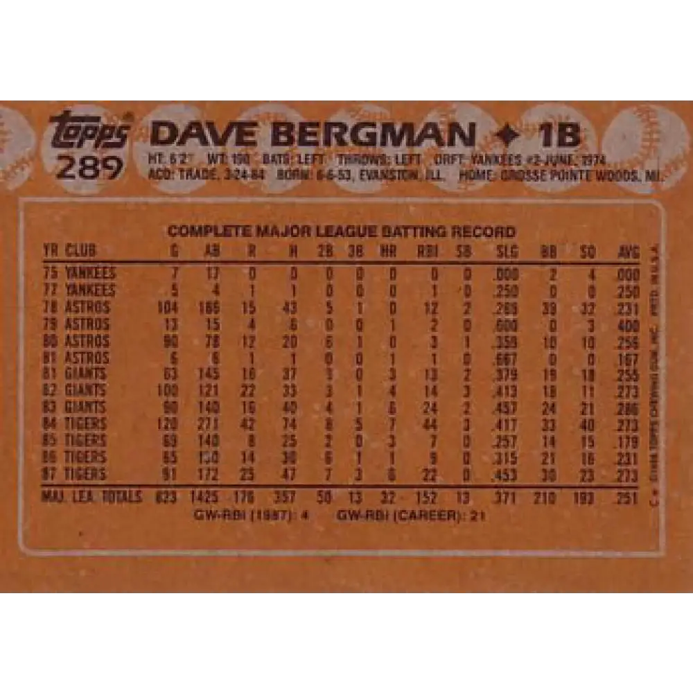 1988 Topps #289 Dave Bergman NM-MT Detroit Tigers Baseball Card Image 2