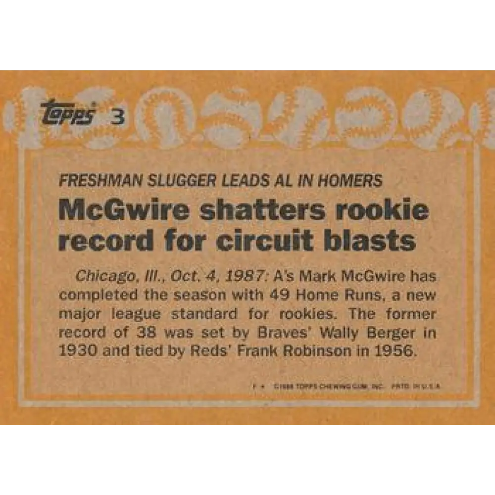 1988 Topps #3 Mark McGwire NM-MT Oakland Athletics Baseball Card Image 2