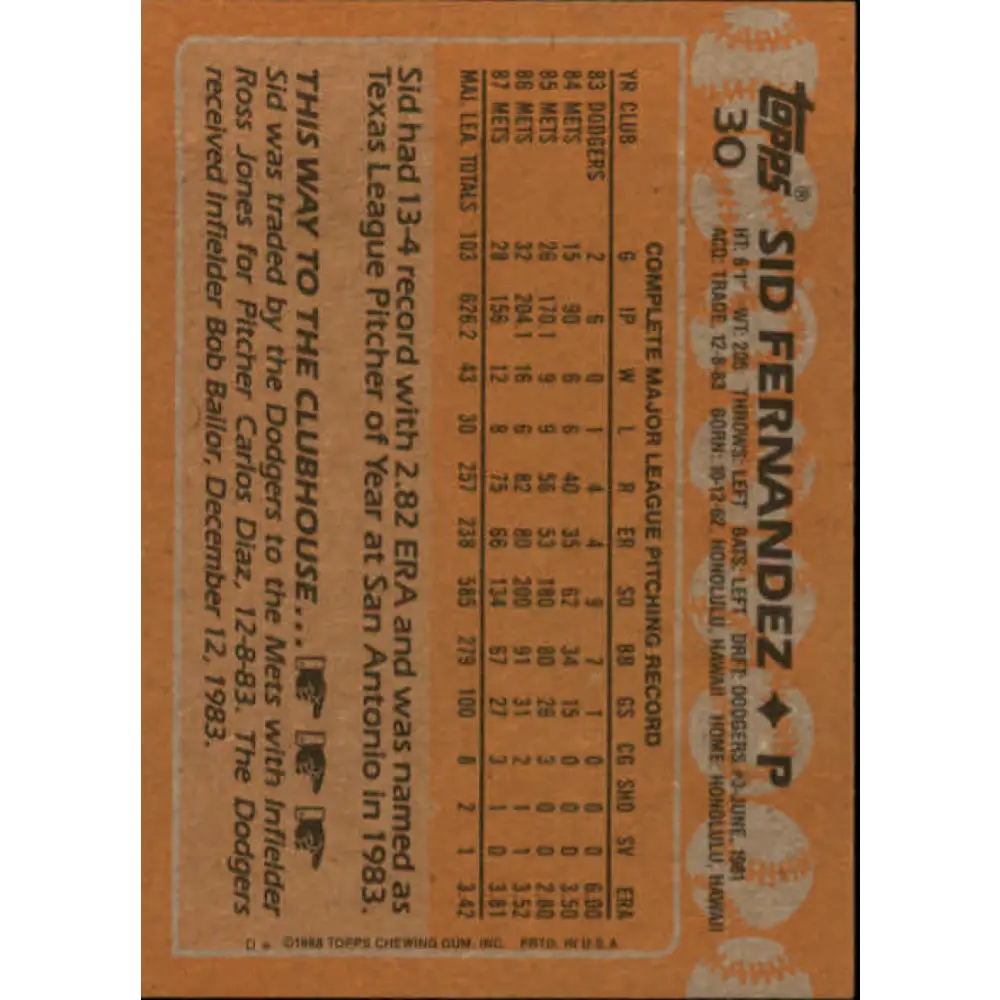 1988 Topps #30 Sid Fernandez NM-MT New York Mets Baseball Card Image 2