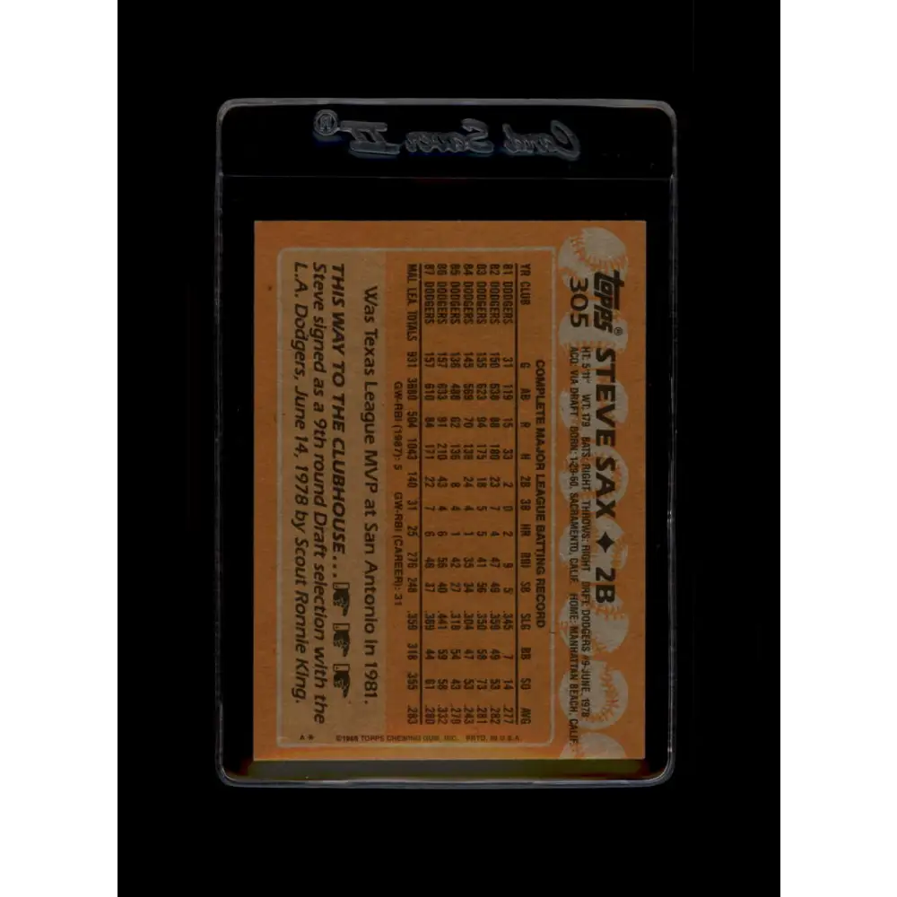 1988 Topps #305 Steve Sax NM-MT Los Angeles Dodgers Baseball Card Image 2