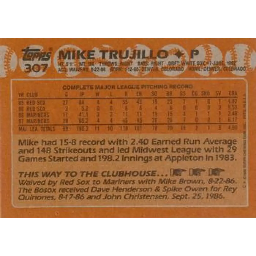 1988 Topps #307 Mike Trujillo NM-MT Seattle Mariners Baseball Card Image 2