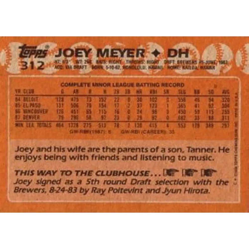 1988 Topps #312 Joey Meyer NM-MT Milwaukee Brewers Baseball Card Image 2