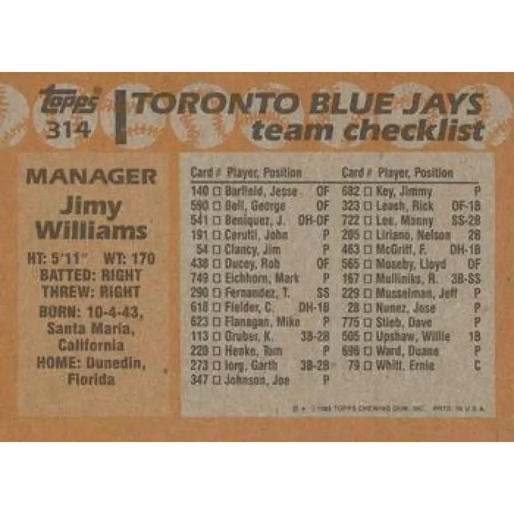 1988 Topps #314 Jimy Williams NM-MT Toronto Blue Jays Baseball Card Image 2