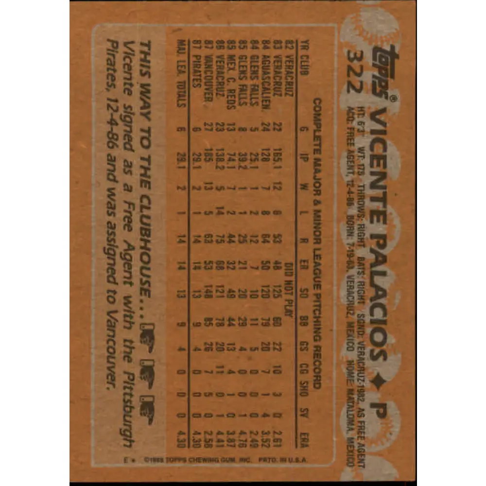 1988 Topps #322 Vicente Palacios NM-MT RC Rookie Pittsburgh Pirates Baseball Card Image 2