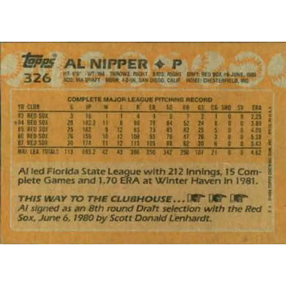 1988 Topps #326 Al Nipper NM-MT Boston Red Sox Baseball Card Image 2
