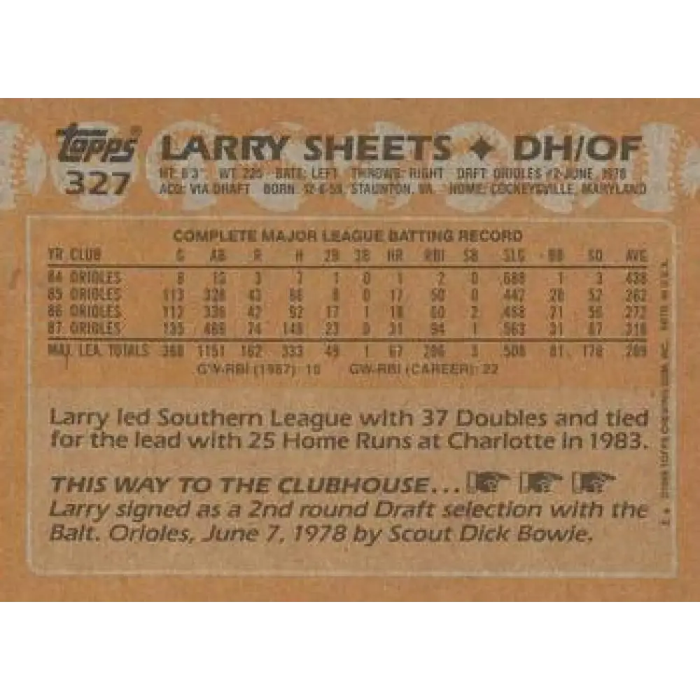 1988 Topps #327 Larry Sheets NM-MT Baltimore Orioles Baseball Card Image 2