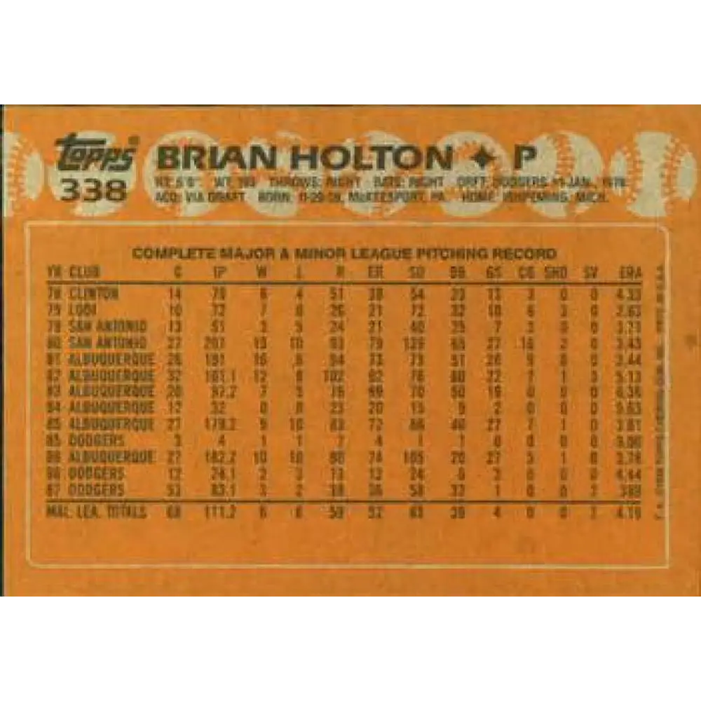 1988 Topps #338 Brian Holton NM-MT Los Angeles Dodgers Baseball Card Image 2