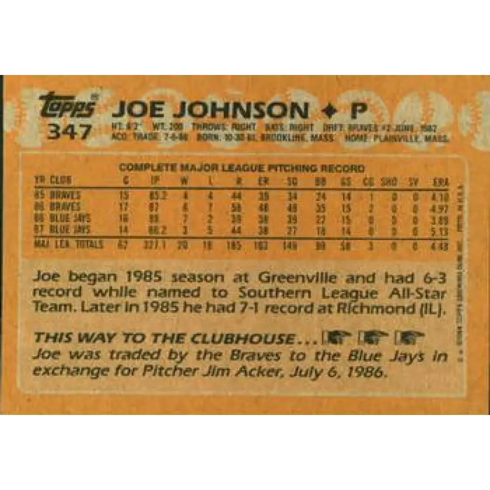 1988 Topps #347 Joe Johnson NM-MT Toronto Blue Jays Baseball Card Image 2