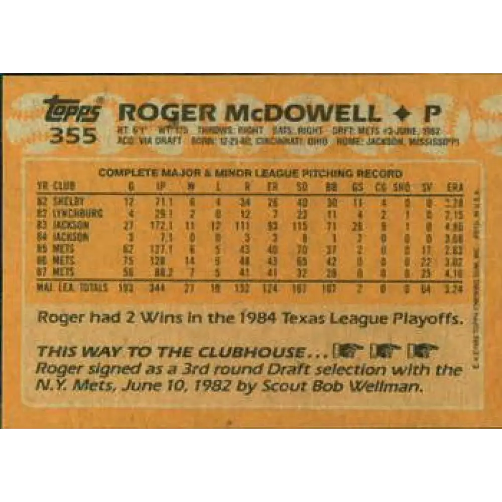 1988 Topps #355 Roger McDowell NM-MT New York Mets Baseball Card Image 2