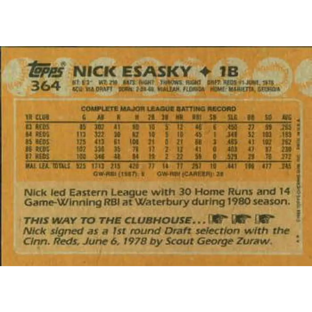 1988 Topps #364 Nick Esasky NM-MT Cincinnati Reds Baseball Card Image 2