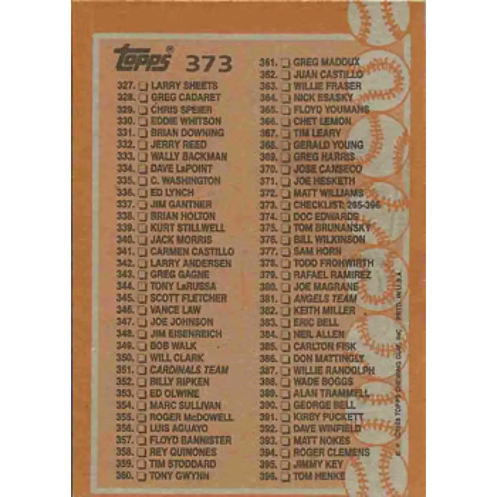 1988 Topps #373 Checklist 265-396 NM-MT Checklist Baseball Card Image 2