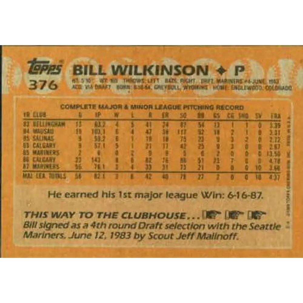 1988 Topps #376 Bill Wilkinson NM-MT Seattle Mariners Baseball Card Image 2