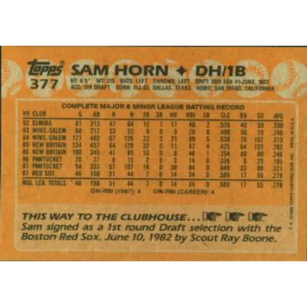 1988 Topps #377 Sam Horn NM-MT RC Rookie Boston Red Sox Baseball Card Image 2
