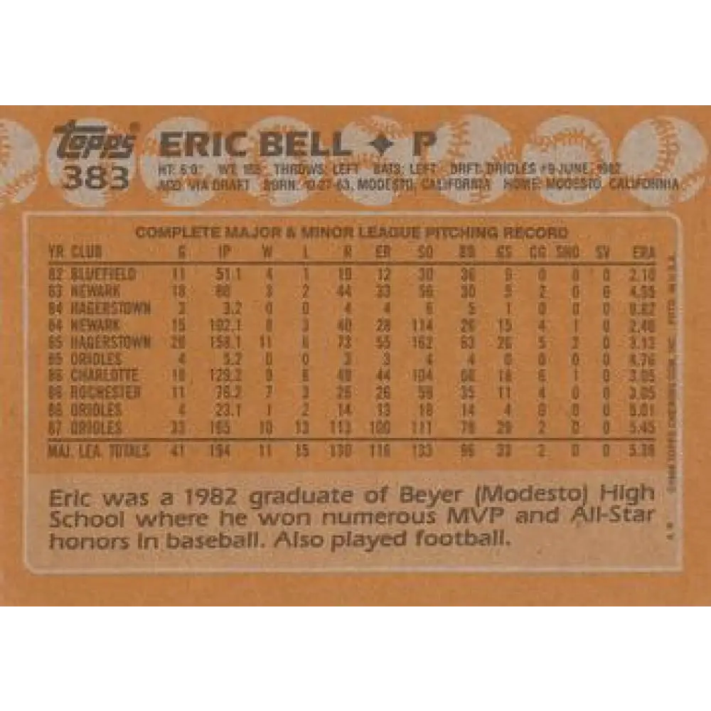 1988 Topps #383 Eric Bell NM-MT Baltimore Orioles Baseball Card Image 2