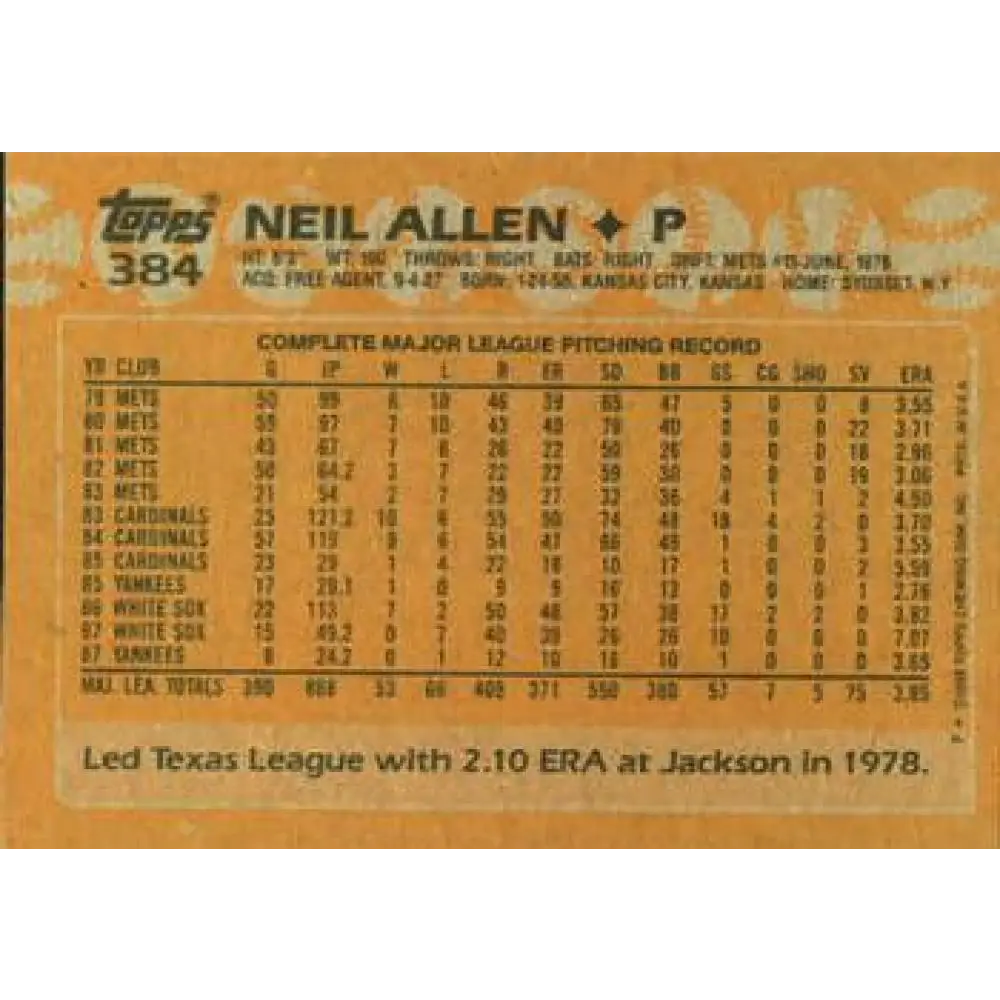 1988 Topps #384 Neil Allen NM-MT New York Yankees Baseball Card Image 2