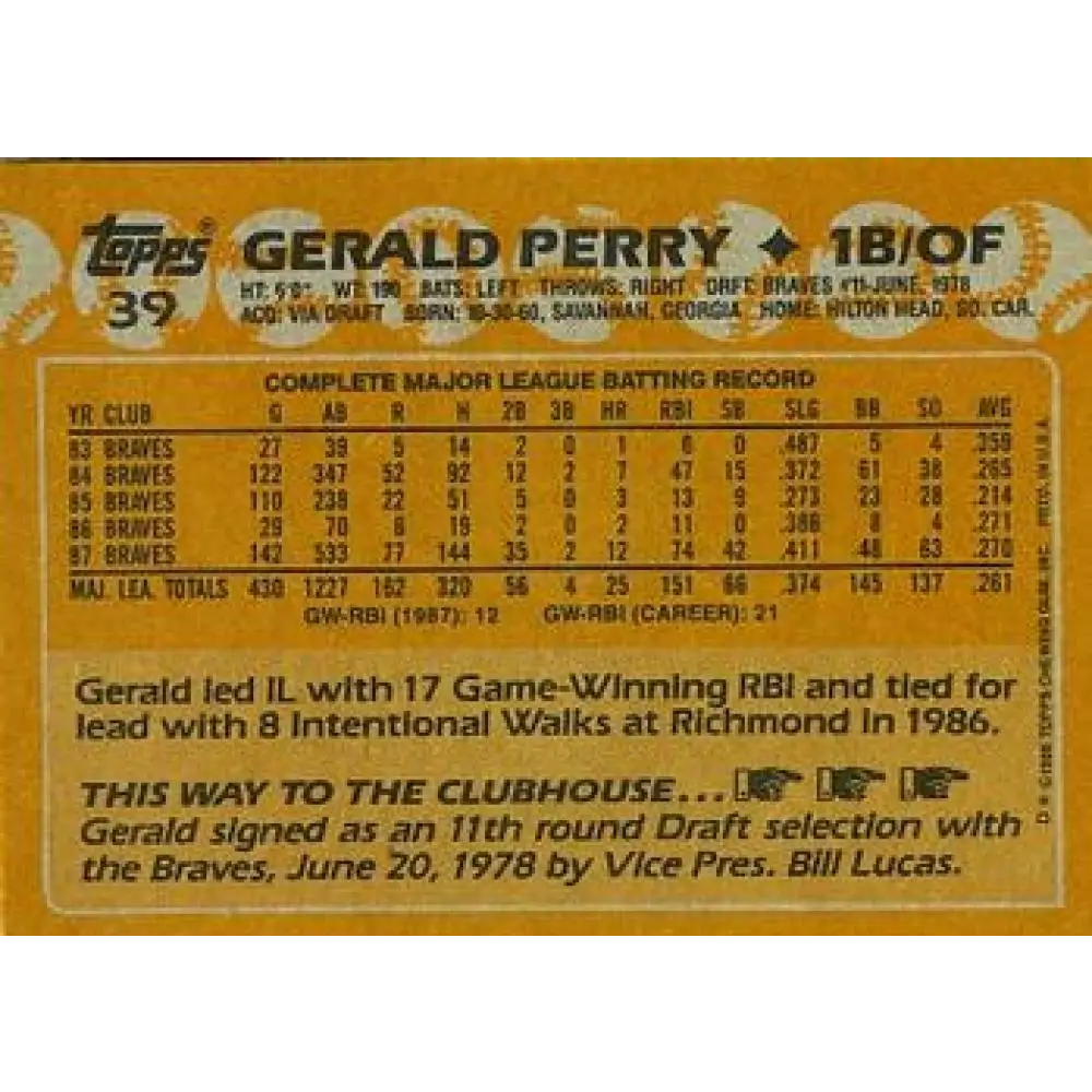 1988 Topps #39 Gerald Perry NM-MT Atlanta Braves Baseball Card Image 2