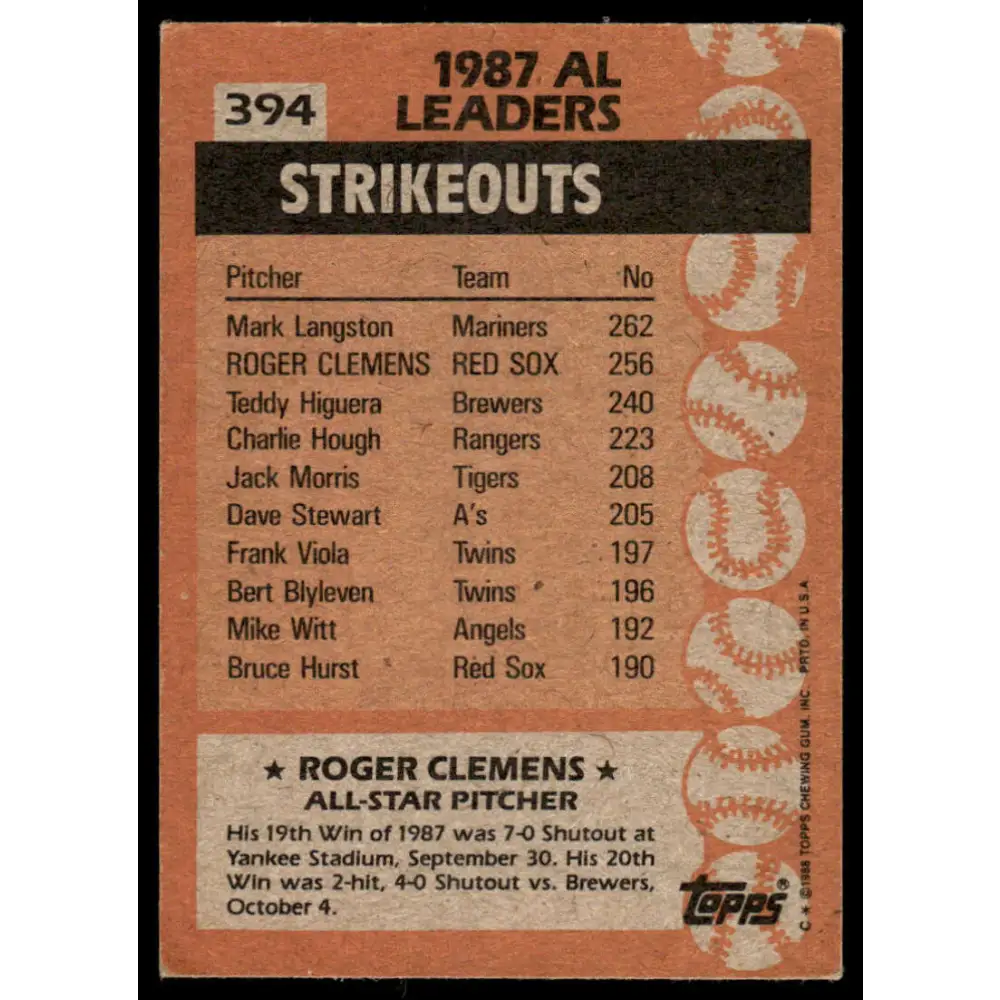 1988 Topps #394 Roger Clemens EX/NM Boston Red Sox Baseball Card Image 2