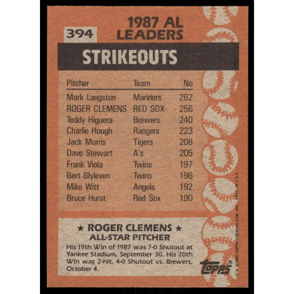 1988 Topps #394 Roger Clemens EX/NM Boston Red Sox Baseball Card Image 2