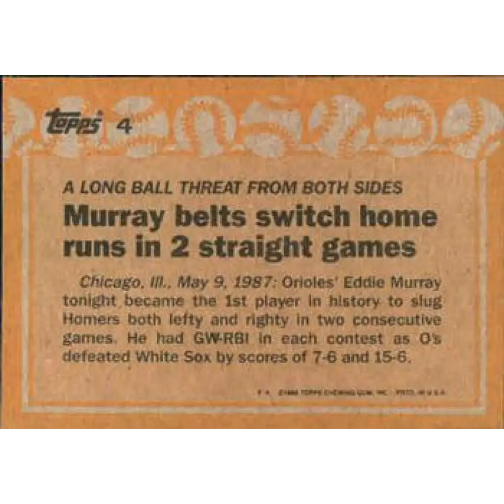 1988 Topps #4 Eddie Murray NM-MT Baltimore Orioles Baseball Card Image 2