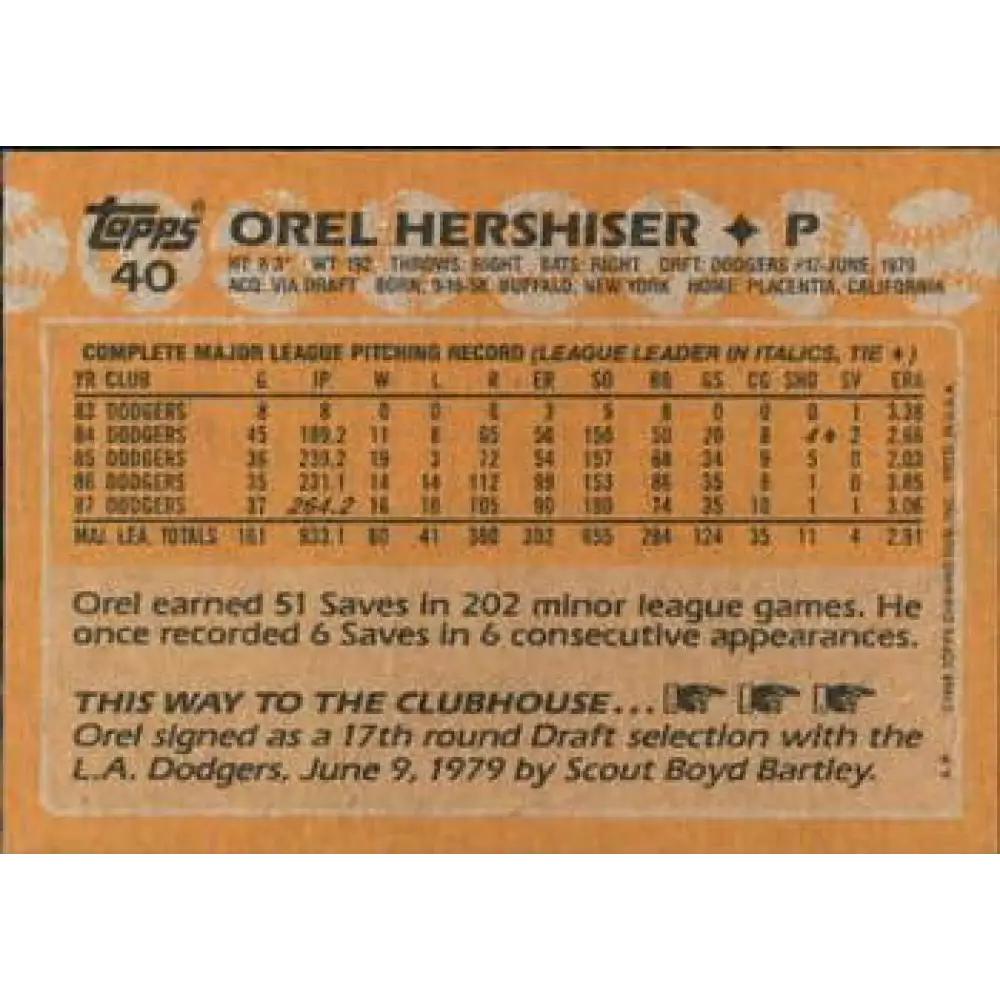 1988 Topps #40 Orel Hershiser NM-MT Los Angeles Dodgers Baseball Card Image 2
