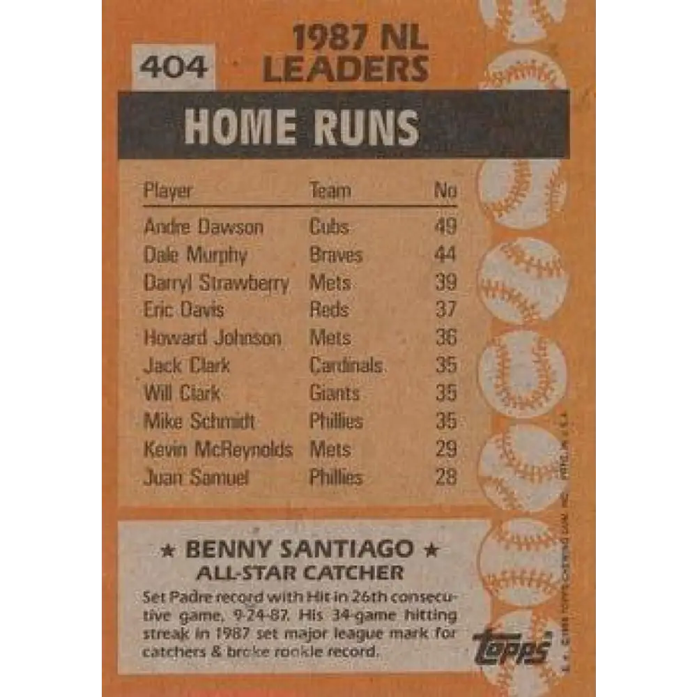 1988 Topps #404 Benito Santiago NM-MT San Diego Padres Baseball Card Image 2