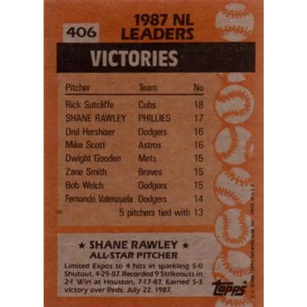 1988 Topps #406 Shane Rawley NM-MT Philadelphia Phillies Baseball Card Image 2