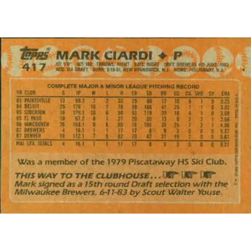 1988 Topps #417 Mark Ciardi NM-MT RC Rookie Milwaukee Brewers Baseball Card Image 2