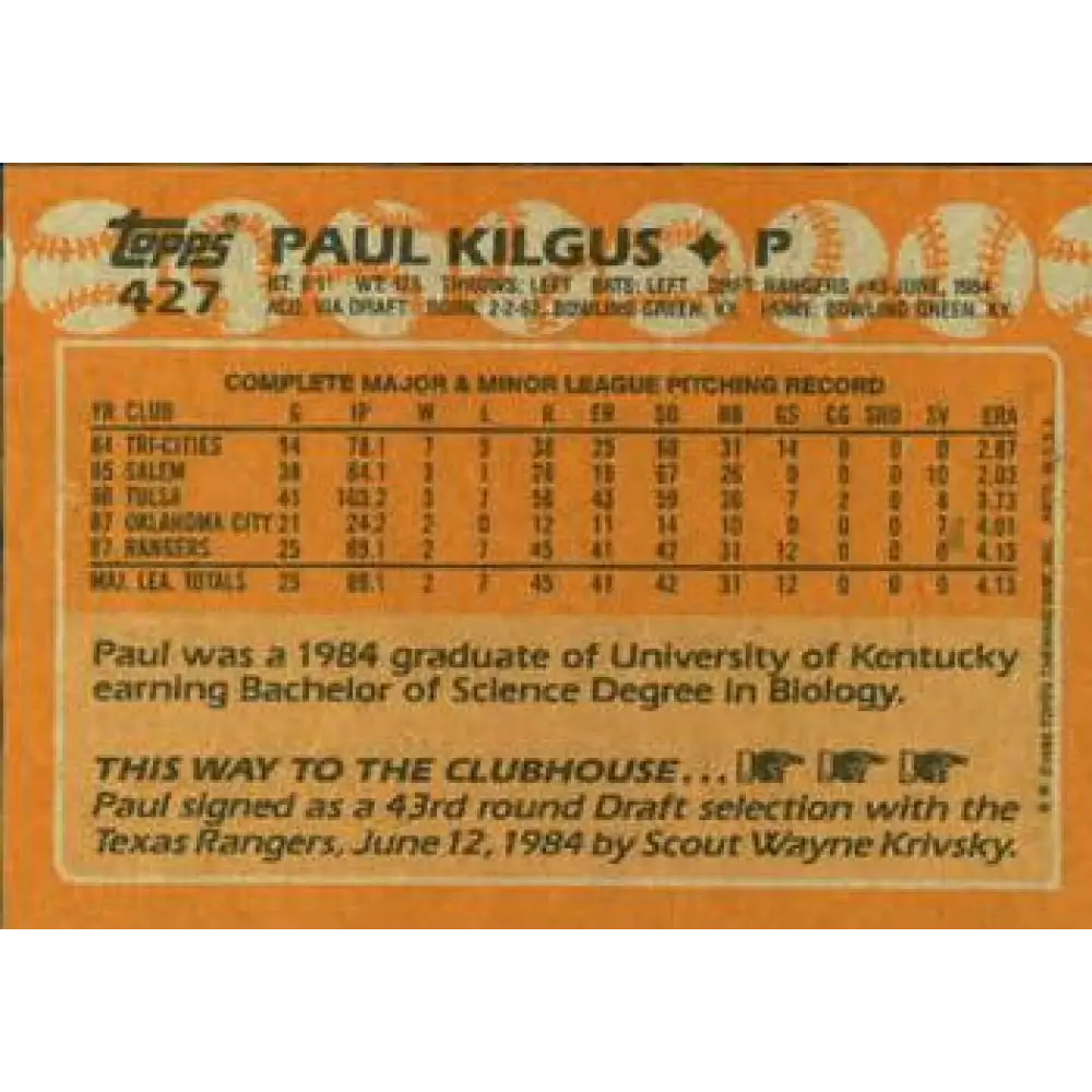 1988 Topps #427 Paul Kilgus NM-MT RC Rookie Texas Rangers Baseball Card Image 2