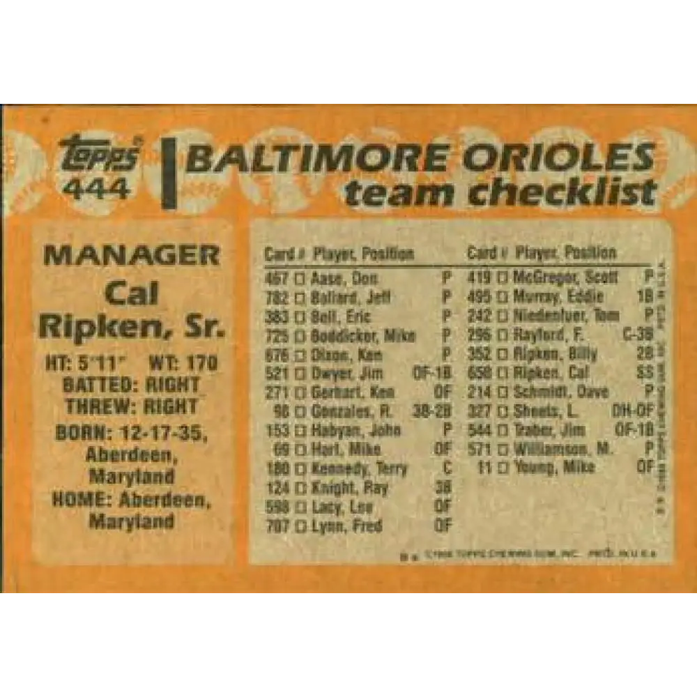 1988 Topps #444 Cal Ripken Sr. NM-MT Baltimore Orioles Baseball Card Image 2